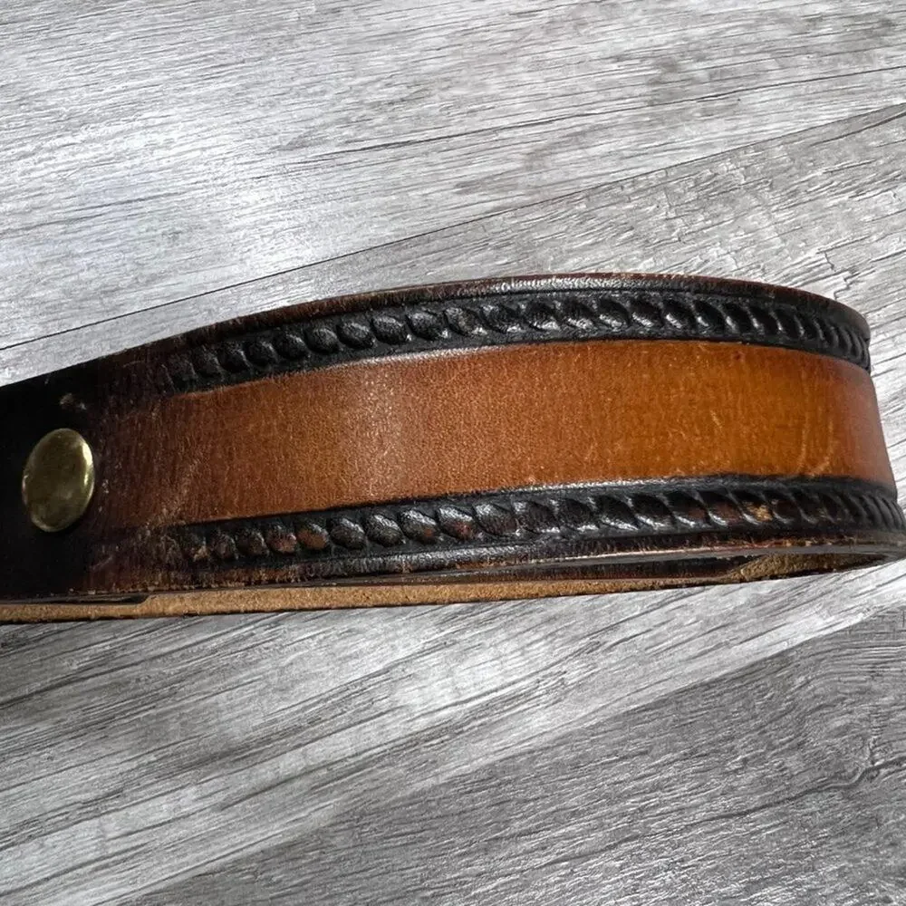 Vintage 80s Leather Brown Black Belt Baron Solid Bass Buckle